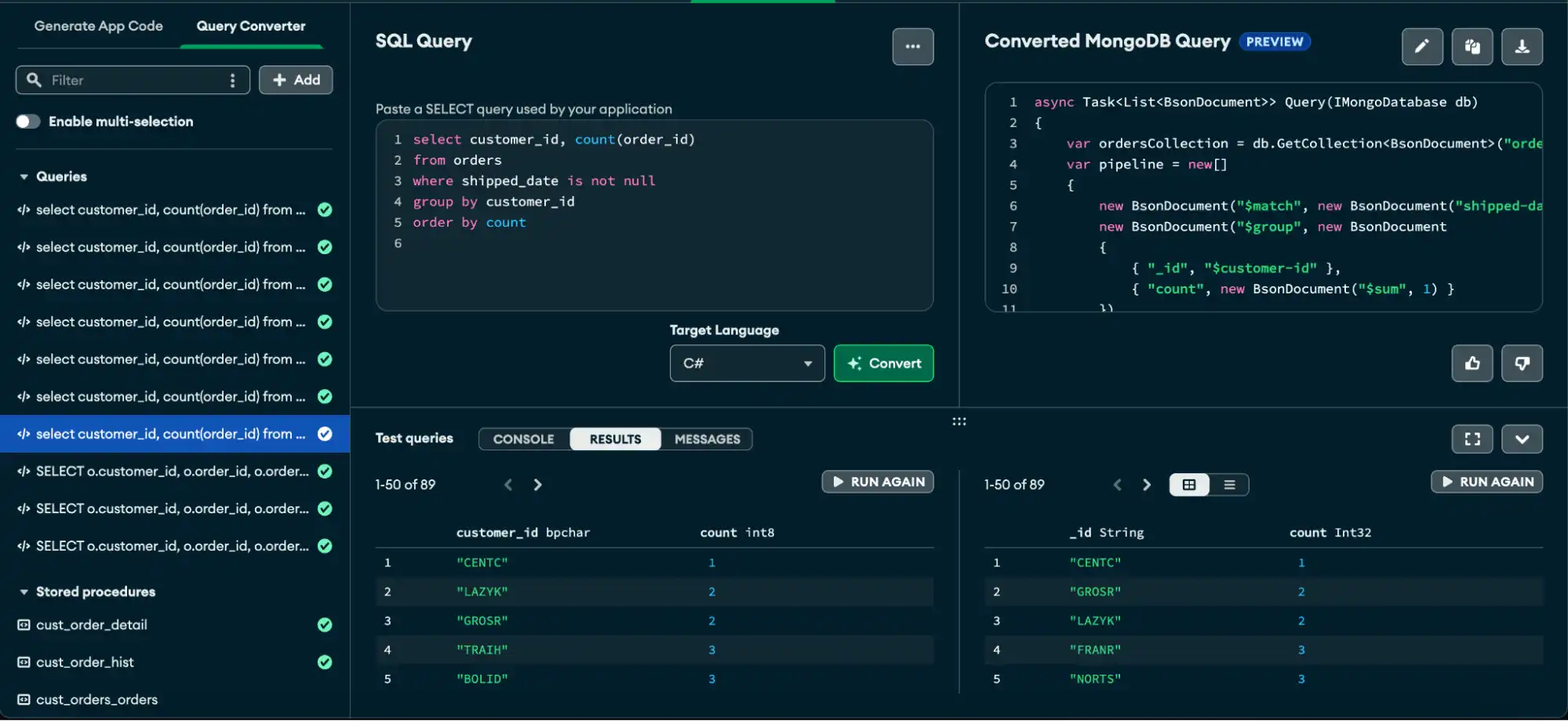 A query converted from SQL to MQL